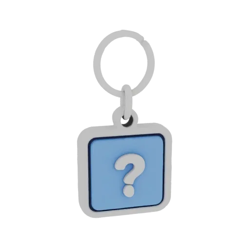 3D model of a square keychain with a question mark on a blue background, featuring a loop for keys.