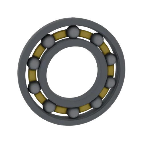 3D model of a ball bearing with a gray outer ring, golden cage, and silver balls, on a white background.