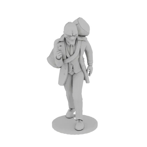 3D model render of the Joker character in a suit, carrying a large sack of money over his shoulder, standing on a circular ba