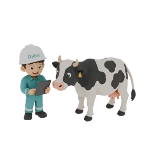 A 3D render of a cartoon farmer in a hard hat and teal uniform, holding a tablet and looking at a black and white cow with a