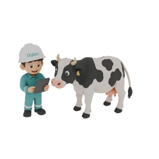 Ein 3D-Render eines Cartoon-Bauern im Schutzhelm und türkisfarbener Uniform, der ein Tablet hält und eine schwarz-weiße Kuh m