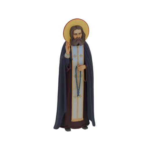 3D model of an Orthodox monk with a halo, wearing dark robes and a white stole, holding blue prayer beads.