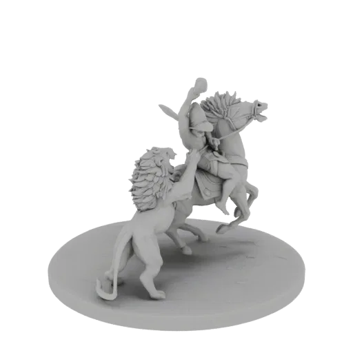 3D render of a detailed miniature depicting a warrior riding a rearing lion, set on a textured base.