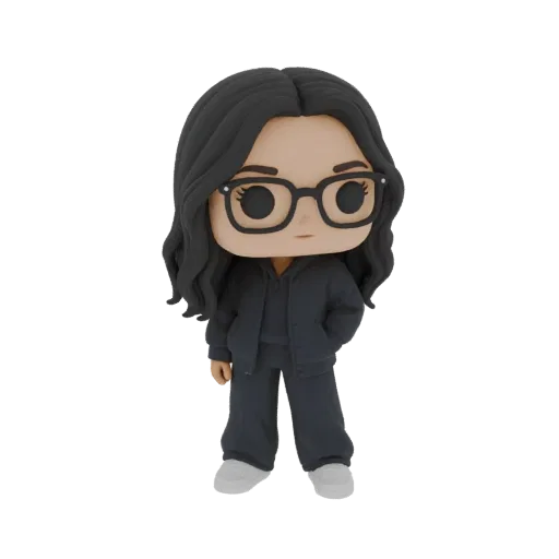 3D model of a chibi woman wearing a dark tracksuit and glasses, with hands in pockets.