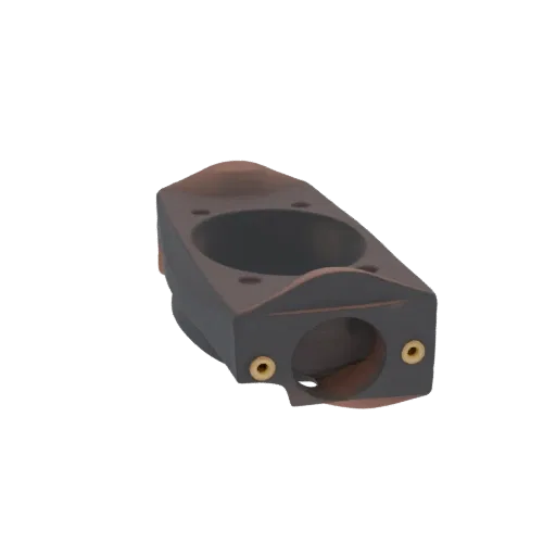 3D model of a dark metallic industrial pipe connector with brass fittings, viewed from a slight angle.