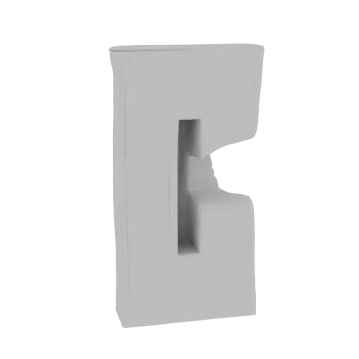 A 3D render of a minimalist, abstract sculpture shaped like the letter 'G' with sharp geometric lines.