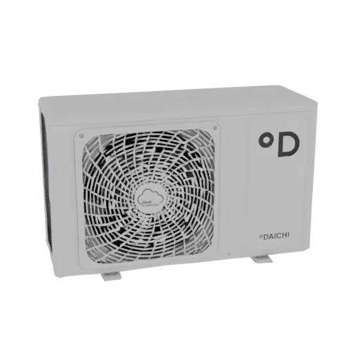 Modelo 3D de una unidad exterior de aire acondicionado DAICHl blanca con una rejilla de ventilador prominente y marca.