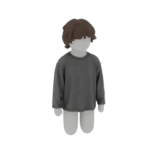 3D model of a child wearing a plain gray long-sleeve t-shirt, displayed on a headless mannequin against a white background.