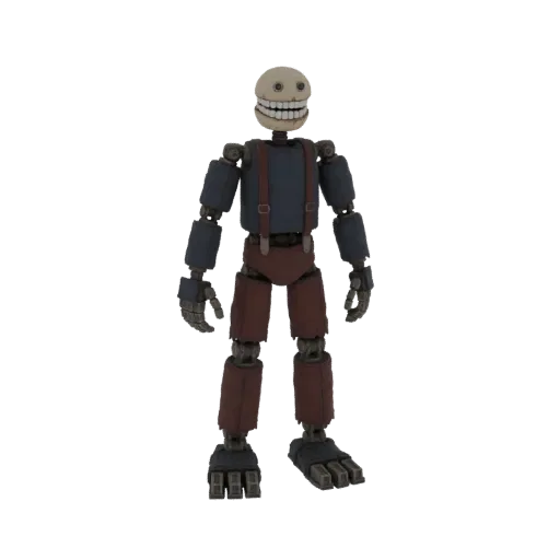 A 3D render of a creepy smiling robot character wearing blue overalls and red suspenders, standing against a white background