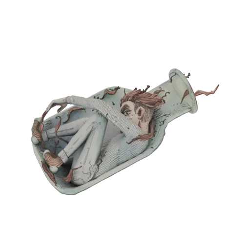 3D-Modell eines Mannes, verdreht und gefangen in einer stilisierten Flasche, mit rötlich-braunen Ranken.