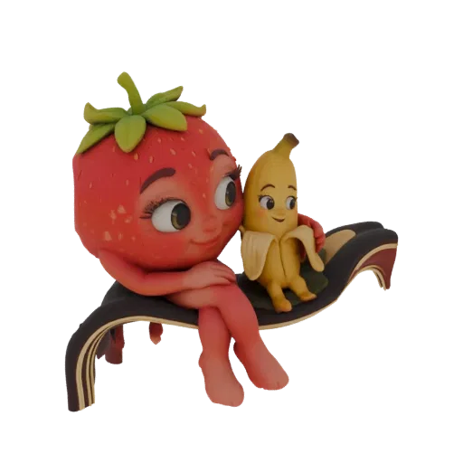 3D model of a smiling strawberry character sitting next to a cheerful banana character on a decorative bench.