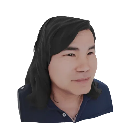 3D model render of an Asian man with long black hair and a blue polo shirt, facing slightly to the right.