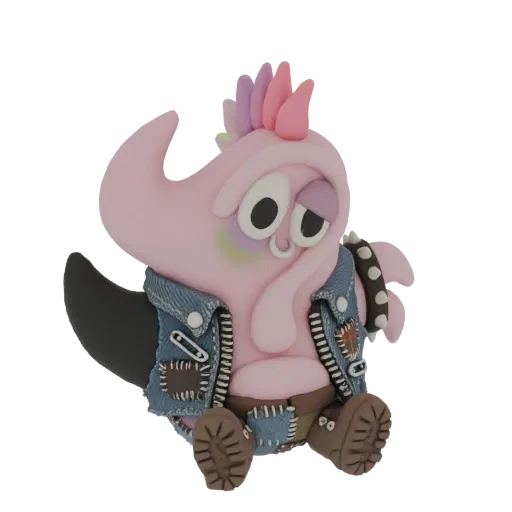 3D-Modell eines pinken Punk-Rock-Monsters mit Jeansjacke, Nietenkragen und buntem Irokesenschnitt, sitzend.