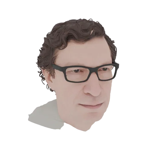 3D model render of a man with curly brown hair and black-rimmed glasses, facing forward with a neutral expression.