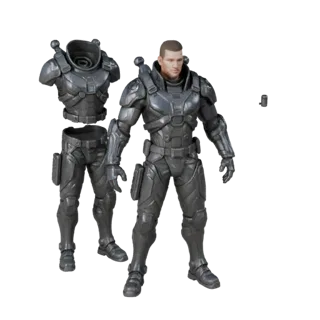Personaggio 3D Ufficiale NPC Corazzato Sci-Fi, vista viewport del motore, asset pronto per l'animazione con posa in piedi; Mo