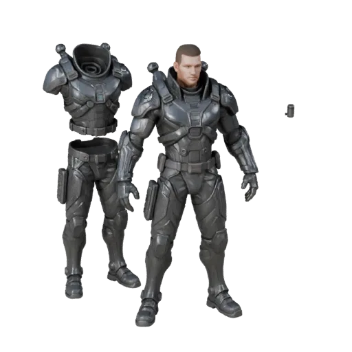 Personaggio 3D Ufficiale NPC Corazzato Sci-Fi, vista viewport del motore, asset pronto per l'animazione con posa in piedi; Mo