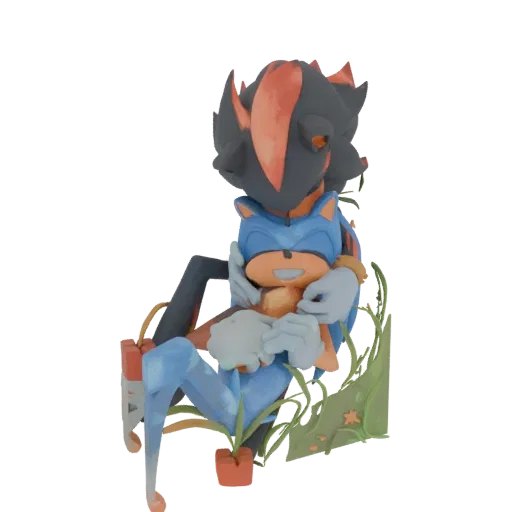 3D model of Shadow the Hedgehog hugging Sonic the Hedgehog, with stylized plants around them.
