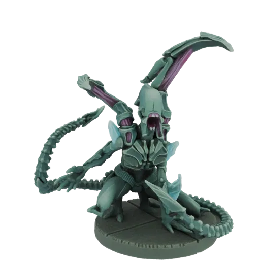 3D model of a menacing alien warrior with biomechanical armor, sharp claws, and a coiled tail, posed dynamically on a circular base.