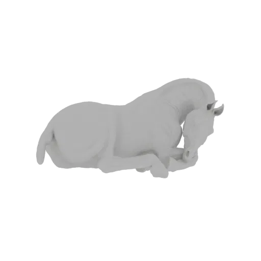 Un modelo 3D de un caballo tumbado en pose de descanso, renderizado en gris neutro.