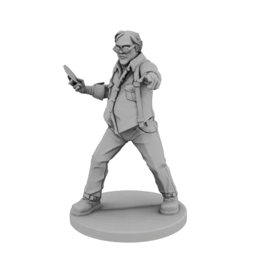 3D model render of a chubby man with glasses, wearing suspenders and holding a knife, posed dynamically.