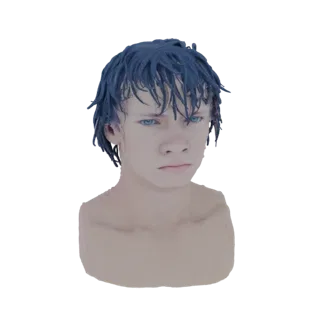 3D model render of a young boy's bust with messy blue hair and bright blue eyes, looking forward with a neutral expression.