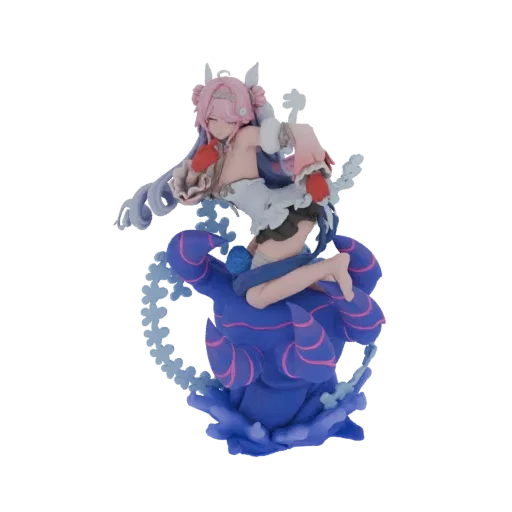3D model of an anime girl with pink hair and a tiara, posed dynamically with swirling blue tentacles around her.