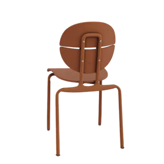 Back view of a modern orange chair with a circular backrest, rendered in 3D.