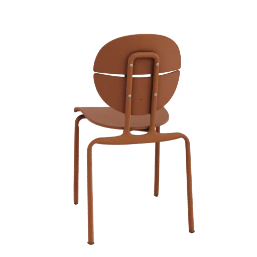 Back view of a modern orange chair with a circular backrest, rendered in 3D.