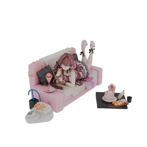 3D model of an anime girl in a pink outfit lounging on a pink sofa, with a tray of sweets and drinks nearby.