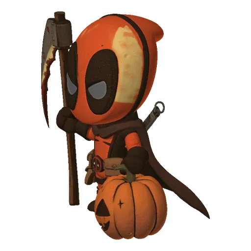 3D model of a chibi-style Deadpool in a Halloween costume, holding a carved pumpkin and a bloody scythe.