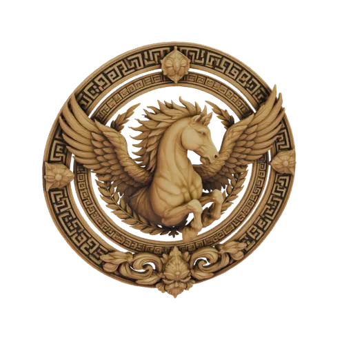 3D model of a mythical Pegasus in a circular bas-relief plaque with Greek key border, rendered in a golden, aged material.