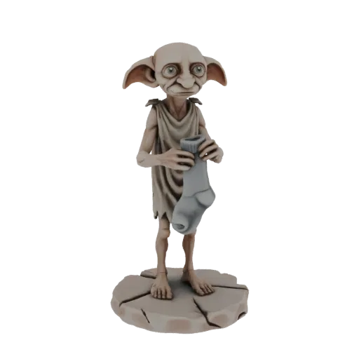 3D model of Dobby the House Elf from Harry Potter, holding a grey sock, standing on a textured base.