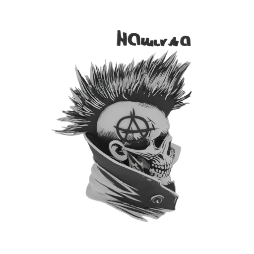 3D model of a punk skull with a spiky mohawk and anarchy symbol on its forehead, wearing a stylized jacket.