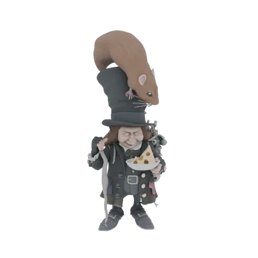 3D model of a whimsical Gnomish merchant with a tall hat, holding cheese, and a rat on his hat.
