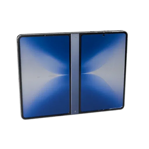 Foldable Tablet Phone Realistic 3D model, three-quarter studio render, showing glass screens, thin device proportions.