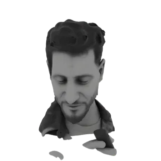 3D model render of a man with styled hair and beard, wearing a jacket, looking down at a smartphone in his hands.