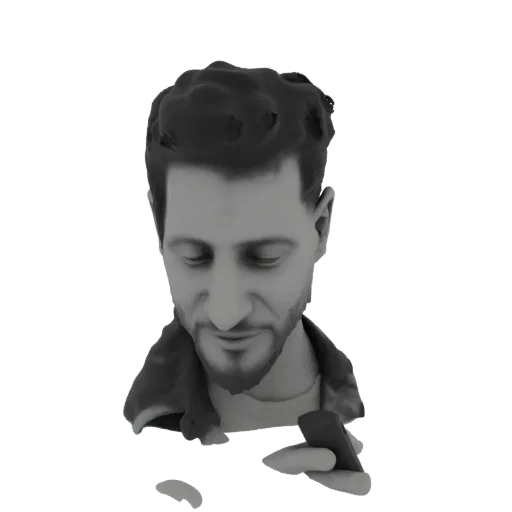 3D model render of a man with styled hair and beard, wearing a jacket, looking down at a smartphone in his hands.