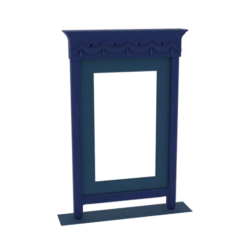 3D render of an ornate blue decorative frame with a sculpted garland motif along the top, set against a white background.