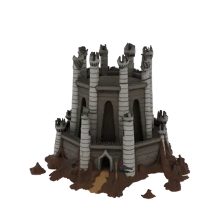Rendering modello 3D di una torre gotica dark fantasy con pilastri, gargoyle e base rocciosa.