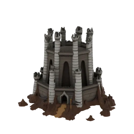 Rendu 3D d'une tour gothique dark fantasy avec piliers, gargouilles et base de terrain rocheux.