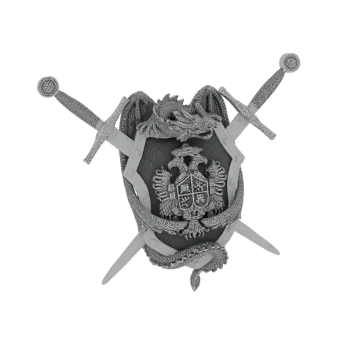 3D model of a fantasy shield with a dragon, double-headed eagle crest, and crossed swords, rendered in a metallic style.