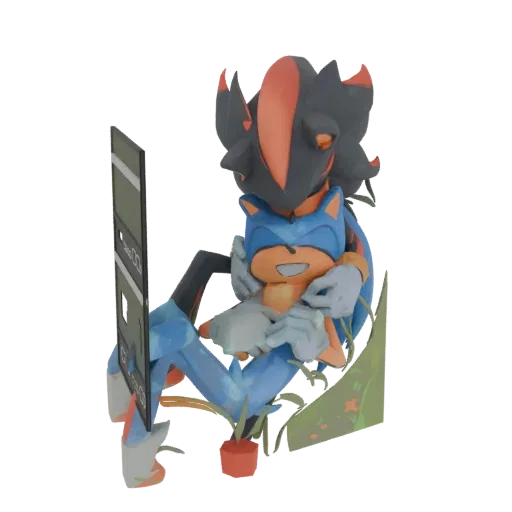 3D model of Shadow the Hedgehog hugging Sonic the Hedgehog, with a small plant and a vertical panel.