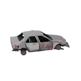 Modelo 3D de un sedán destruido con carrocería blanca muy oxidada y dañada, sin ruedas.