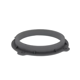 Un rendering 3D di un anello di montaggio per altoparlante grigio con molteplici fori per bulloni attorno alla sua circonfere