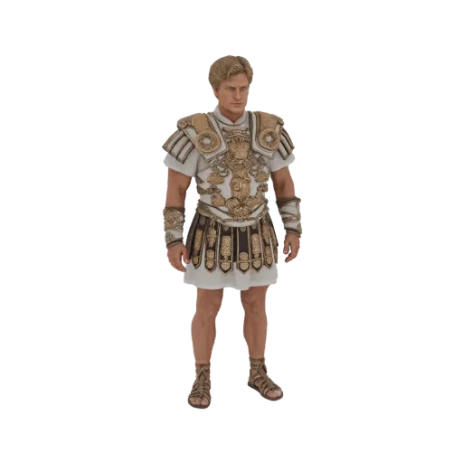 Modelo 3D de Alexandre o Grande como um guerreiro grego antigo, vestindo armadura branca e dourada com motivo de leão, em pé