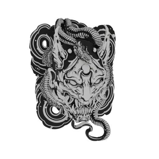 3D model of a black and white Oni mask with a coiled serpent wrapped around it, featuring sharp details and a menacing expres