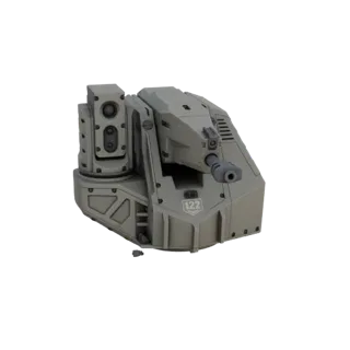 3D model of a modern automated turret with a prominent cannon and a complex sensor array, set against a black background.