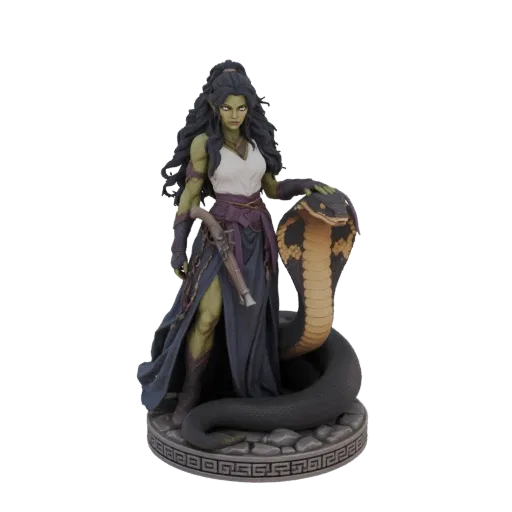 Modèle 3D d'une Naga Sorcière à peau verte, cheveux sombres, pistolet et cobra enroulé à ses côtés, sur un socle à motif de clé grecque.
