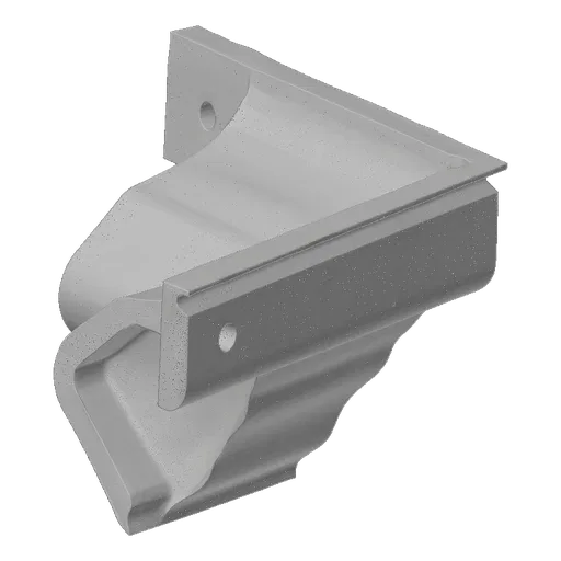 3D render of a gray articulated pipe connector bracket with a visible interlocking joint and mounting holes, set against a bl