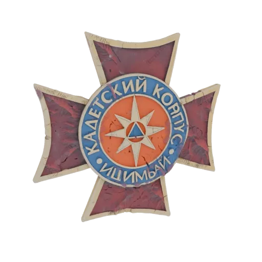 3D model of an ornate, weathered Cadet Corps medal with a blue-ringed inscription and a central star emblem.